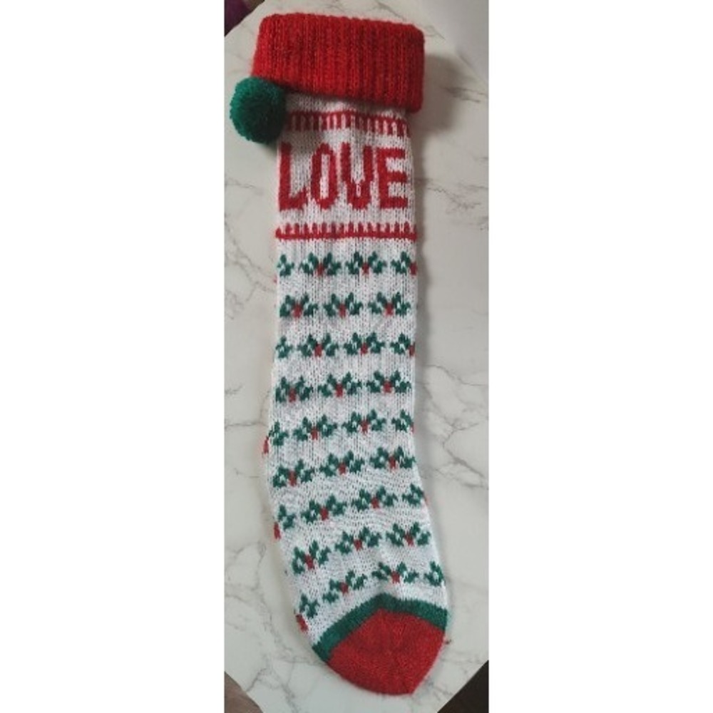 Vtg Christmas Stocking Holly Berry Mistletoe One Pom Pom Stocking A19